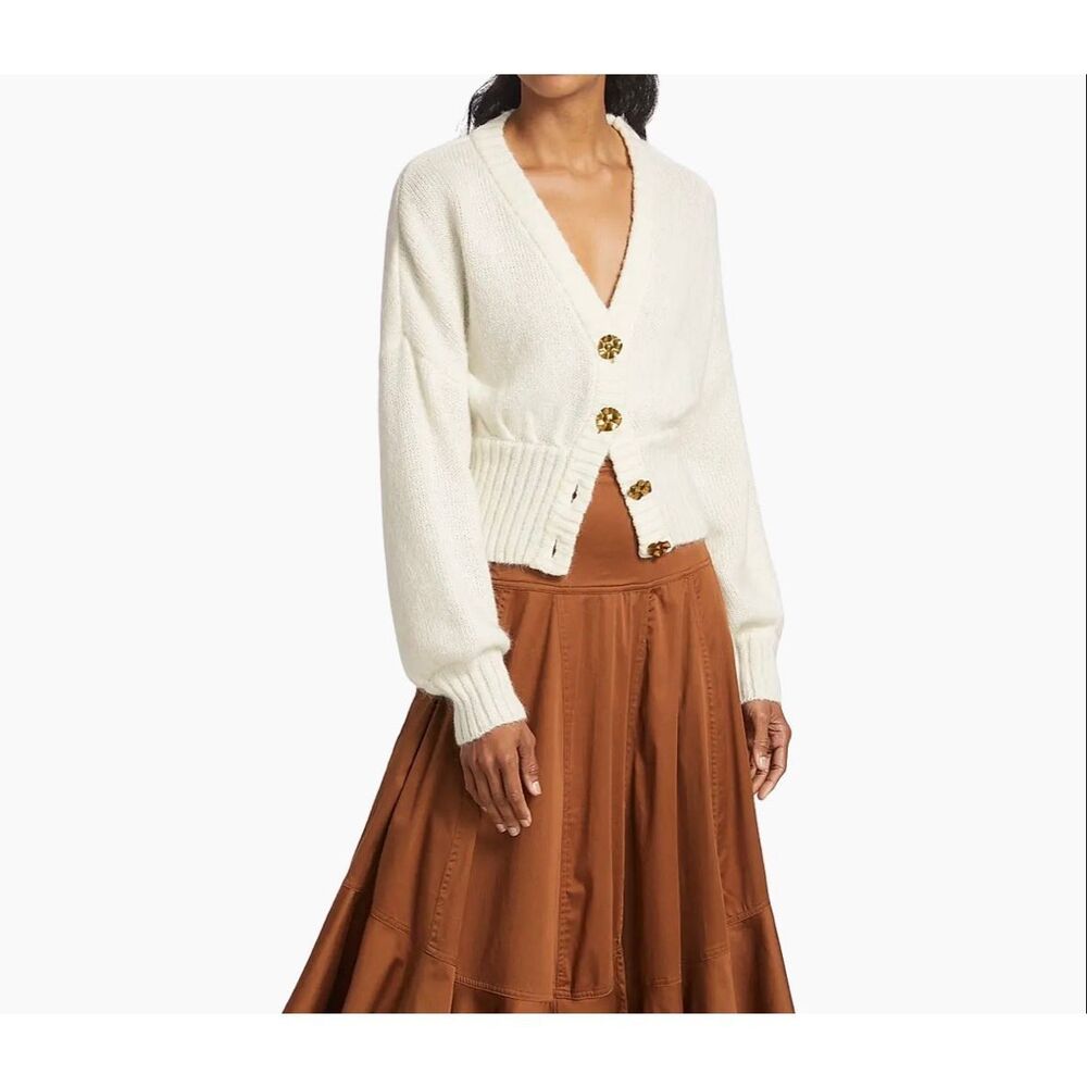 Farm Rio Ribbed Goldtone-Buttoned Cardigan Off White Size S - Picture 2 of 13